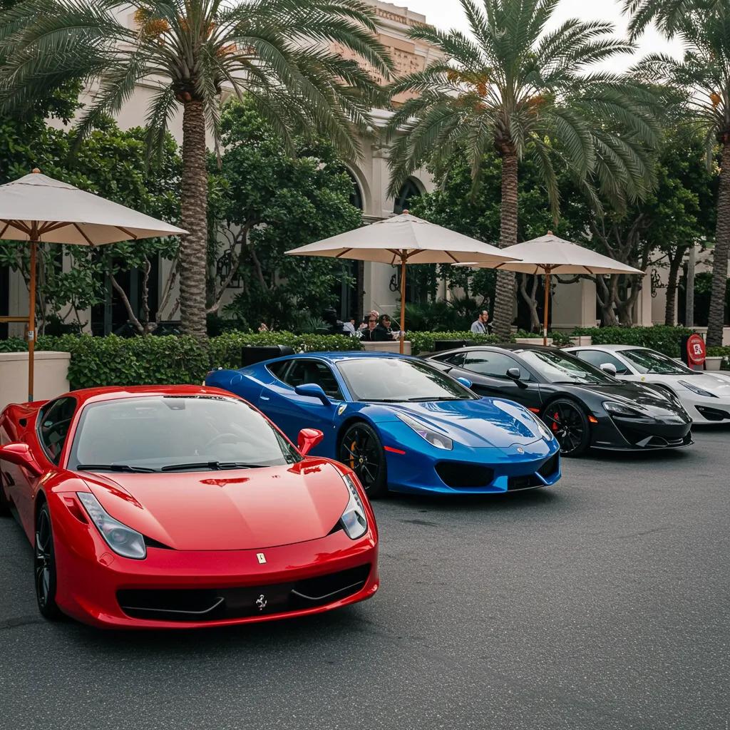 Lineup of exotic cars including Ferrari, Lamborghini, and McLaren in a luxurious setting