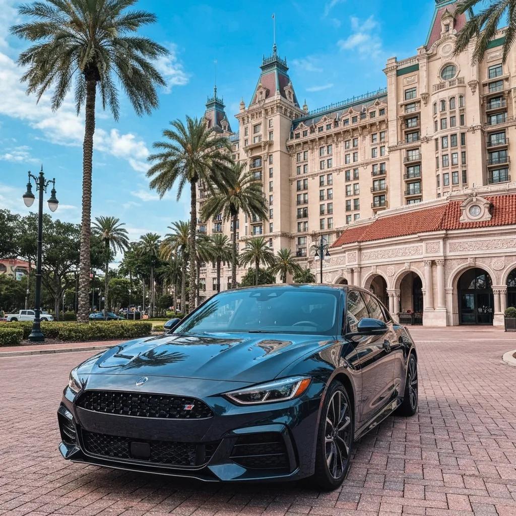 Luxury car parked in front of a high-end hotel in Orlando, representing the allure of luxury vehicle rentals