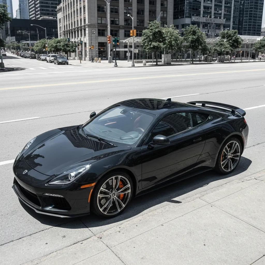 Luxury rental car parked in an upscale urban setting, highlighting its elegant design and features