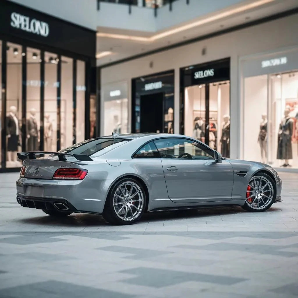 Luxury sports car in an upscale urban setting, representing high-end car rental insurance