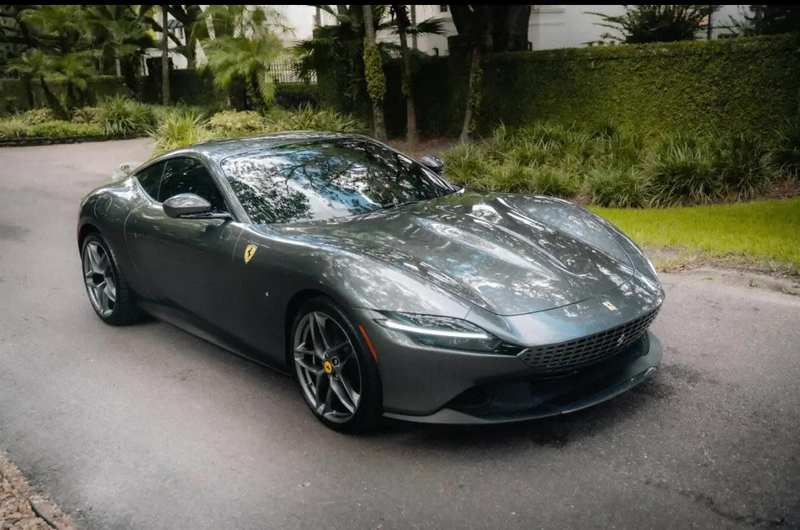 Sleek gray Ferrari sports car parked on a driveway, featuring aerodynamic design, alloy wheels, and luxury performance coupe in a lush green residential setting.